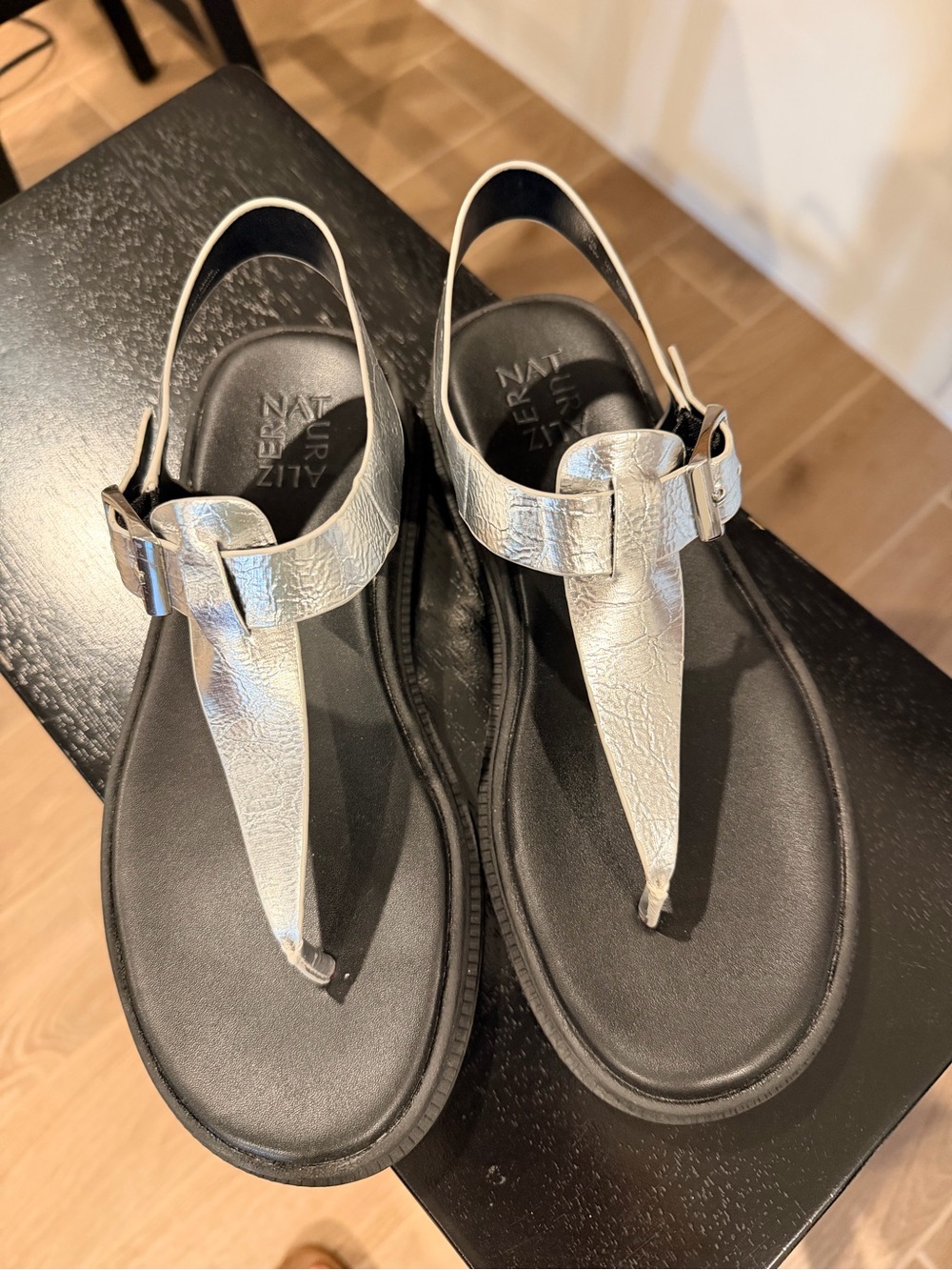 Naturalizer Silver Metallic T-Strap Slingback Sandals